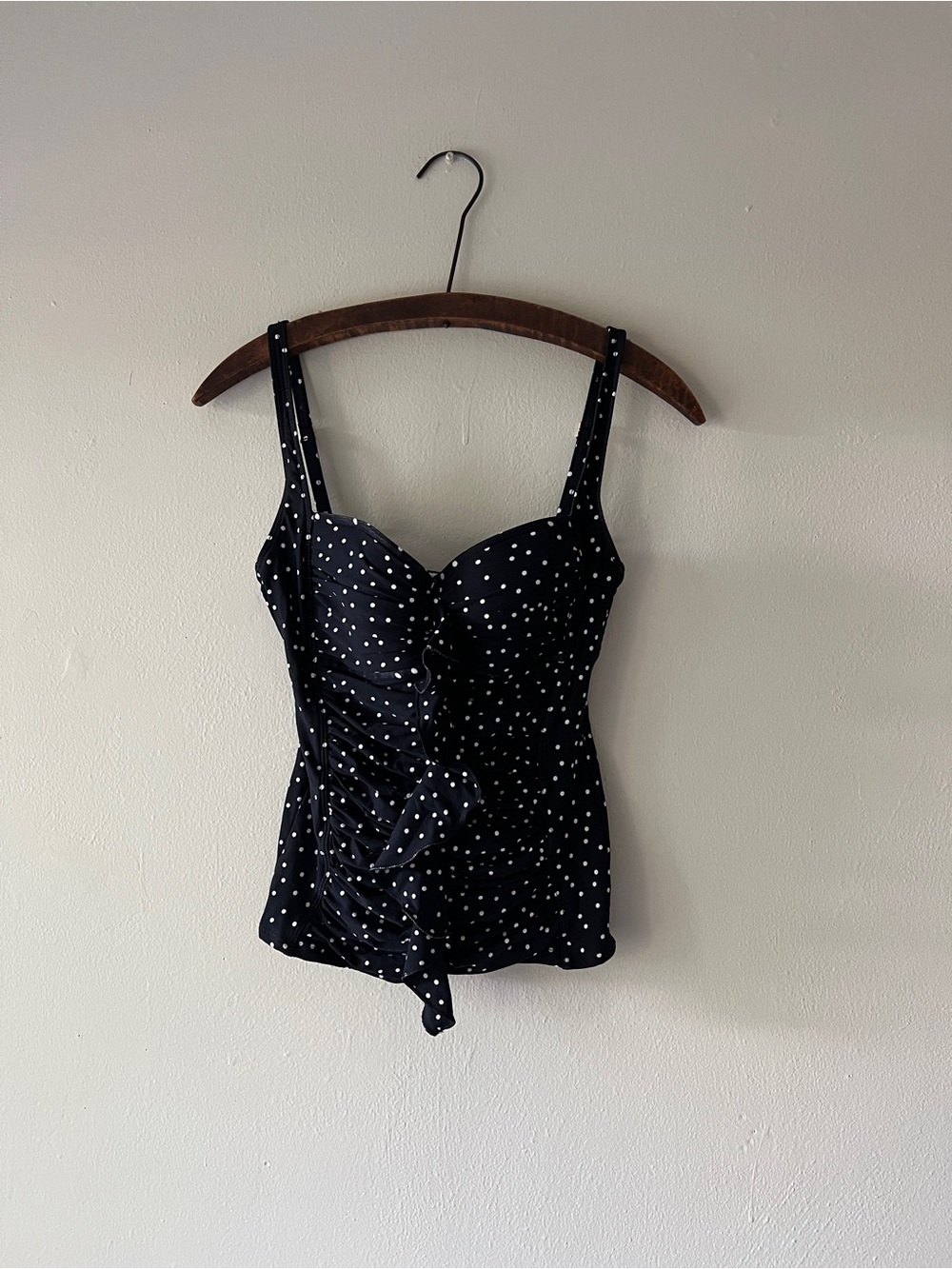 Vintage Black White Polka Dot Structured Sweetheart Tankini and Ruched Shorts